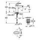Grohe-Waschtischarmatur mit Hebel, seitlicher Ablaufgarnitur und Abmessungen für Montage. Technische Skizze zeigt wichtige Maße und Installationsdetails.