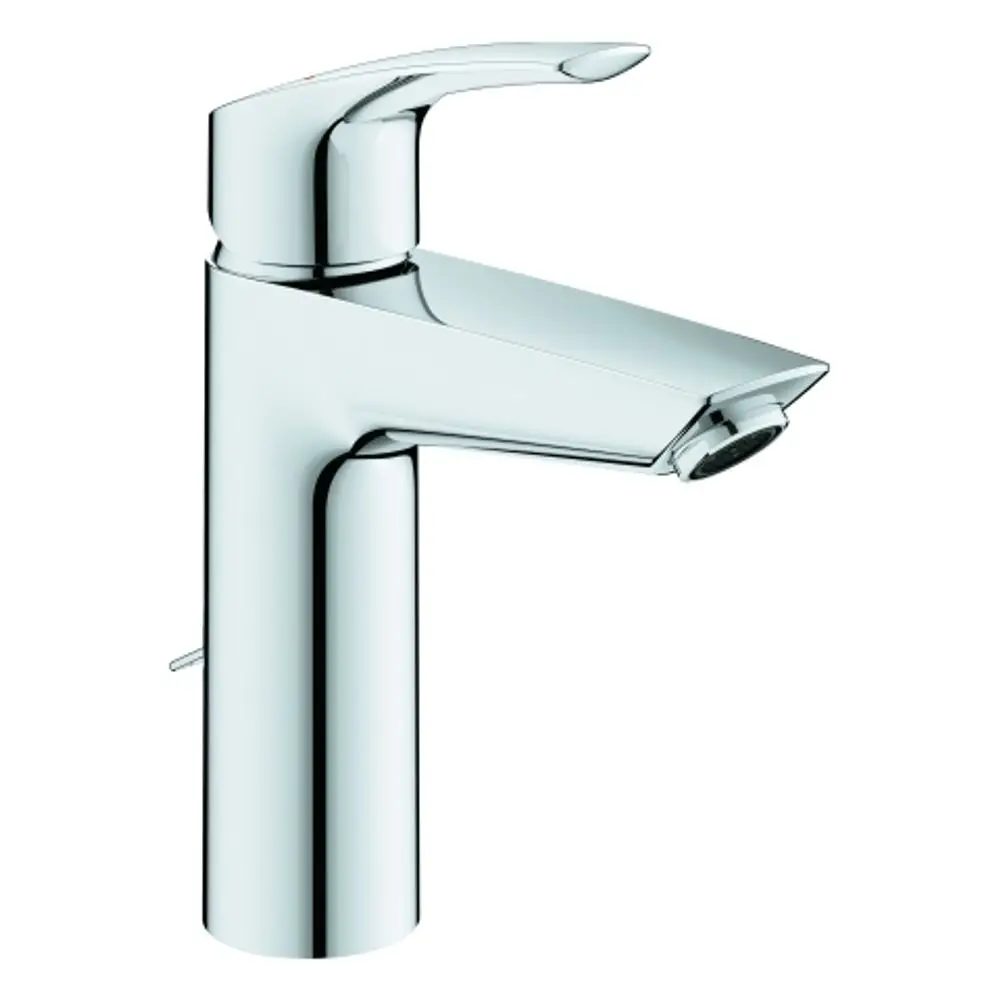 Chromfarbene GROHE Armatur mit einem flachen Auslauf und einem Hebel zur Wasserregelung auf der Seite. Sie ist für Waschtische geeignet.