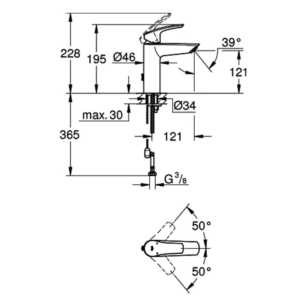 Technische Zeichnung einer Grohe-Armatur mit Abmessungen, einschließlich der Drehwinkel und Anschlussgrößen. Die Ansicht zeigt Details zur Installation und Handhabung.