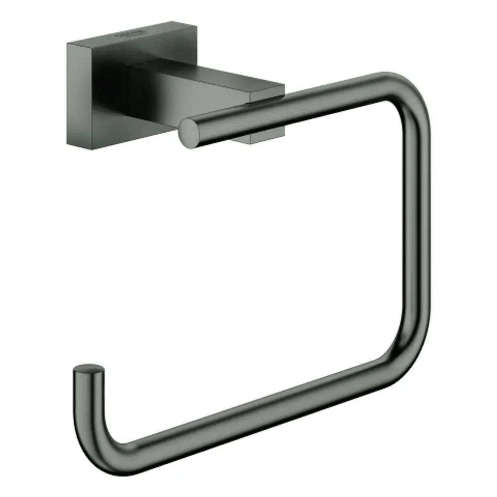 GROHE WC-Papierhalter in mattem Schwarz mit quadratischer Wandbefestigung. Das Design zeigt einen offenen Halter für Toilettenpapier.