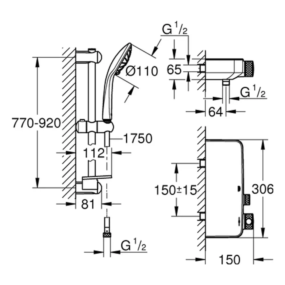 Brausegarnitur von Grohe mit Handbrause und Wandbefestigung, dargestellt in technischer Zeichnung mit Maßangaben und Anschlussdetails.