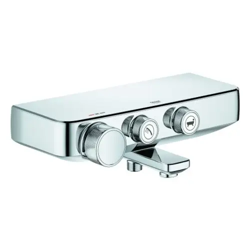 Ein modernes, glänzendes Grohe Bad-Thermostat mit zwei Bedienknöpfen und einem Wasserauslass, ideal für präzise Temperaturregelung.