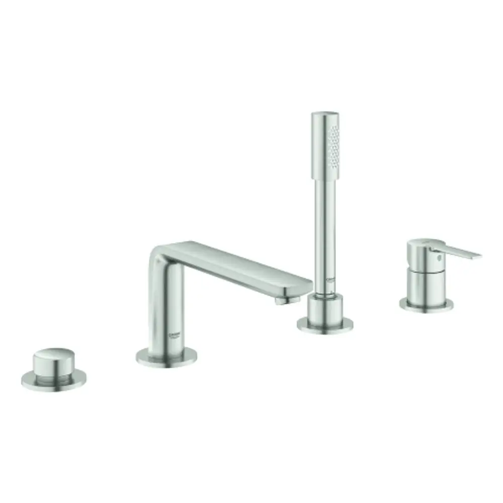 Grohe 4-Loch-Wannenkombination in Supersteel-Optik mit einem Wasserhahn, einer Handbrause und separaten Bediengriffen. Ideal für moderne Badezimmereinrichtungen.