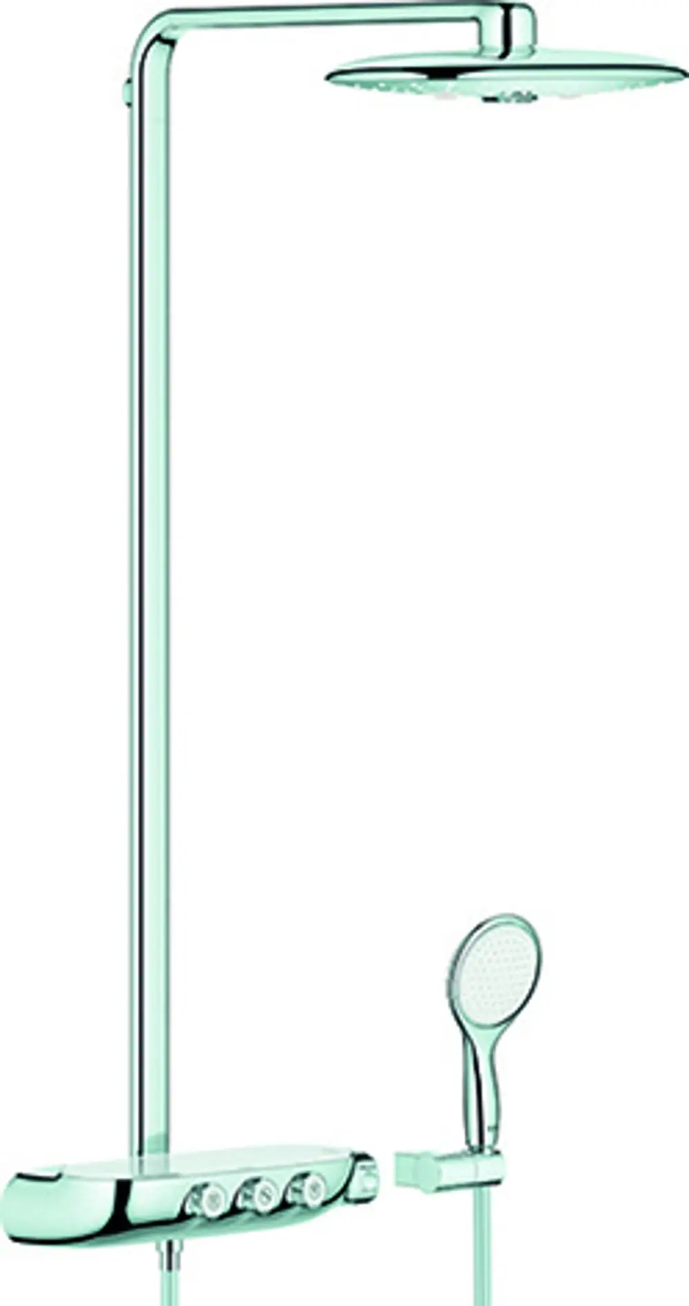 Duschsystem von Grohe mit Kopfbrause und Handbrause, ausgestattet mit Steuerungselementen an einer Wandhalterung. Edelstahloptik und schlichte Formgestaltung.