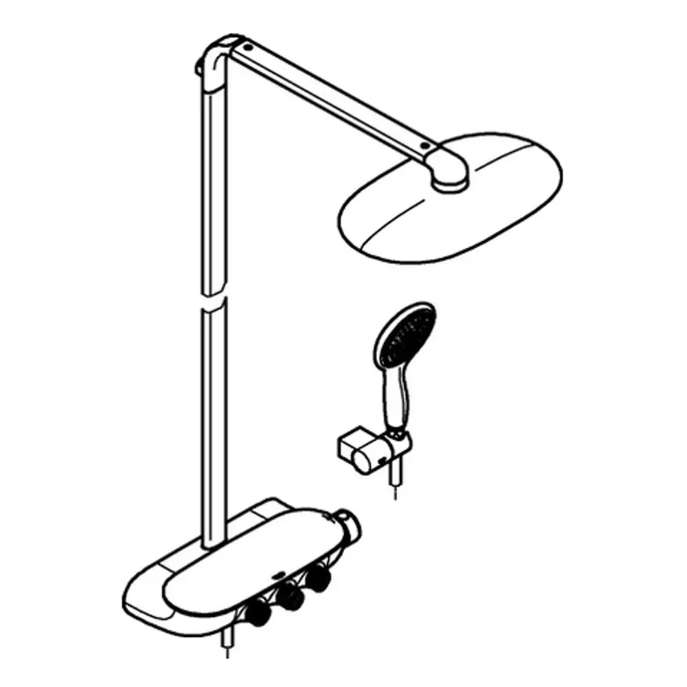 Duschsystem mit horizontalem Kopfteil und Handbrause, verbunden durch eine vertikale Stange. Steuerelemente zur Anpassung des Wassers. Marke Grohe, in chrom und moon white.