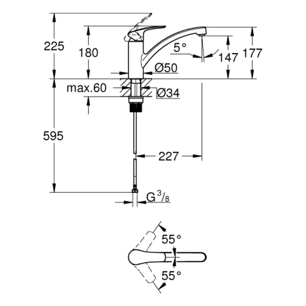 Grohe Armatur mit flachem Auslauf, Einlochmontage, grafische Darstellung mit Maßen, Auslaufhöhe und Anordnung des Bedienhebels. Technische Zeichnung mit Detailinformationen.