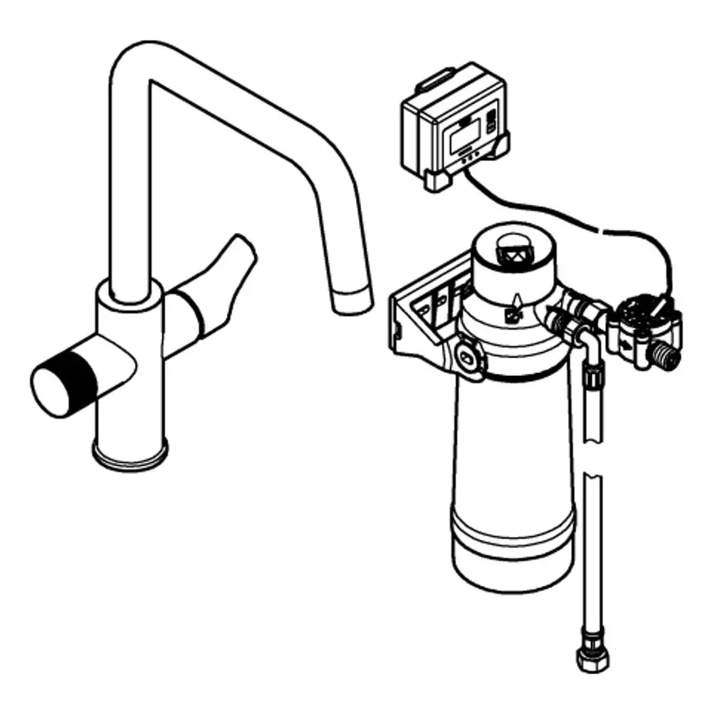 Schematische Darstellung eines Grohe Wasserfiltersystems mit Auslaufhahn und Steuergerät. Komponenten sind klar positioniert und miteinander verbunden.