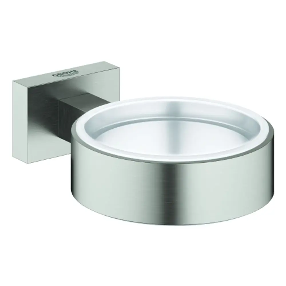 Wandhalterung aus Edelstahl von Grohe mit runder Ablagefläche, geeignet für Badezimmer-Accessoires, in schlichtem Design.