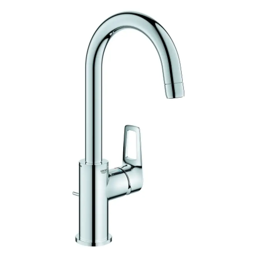 Hochglänzende Grohe-Waschtischbatterie in chrom mit einem langen, geschwungenen Auslauf und seitlichem Hebel für die Wasserregulierung.