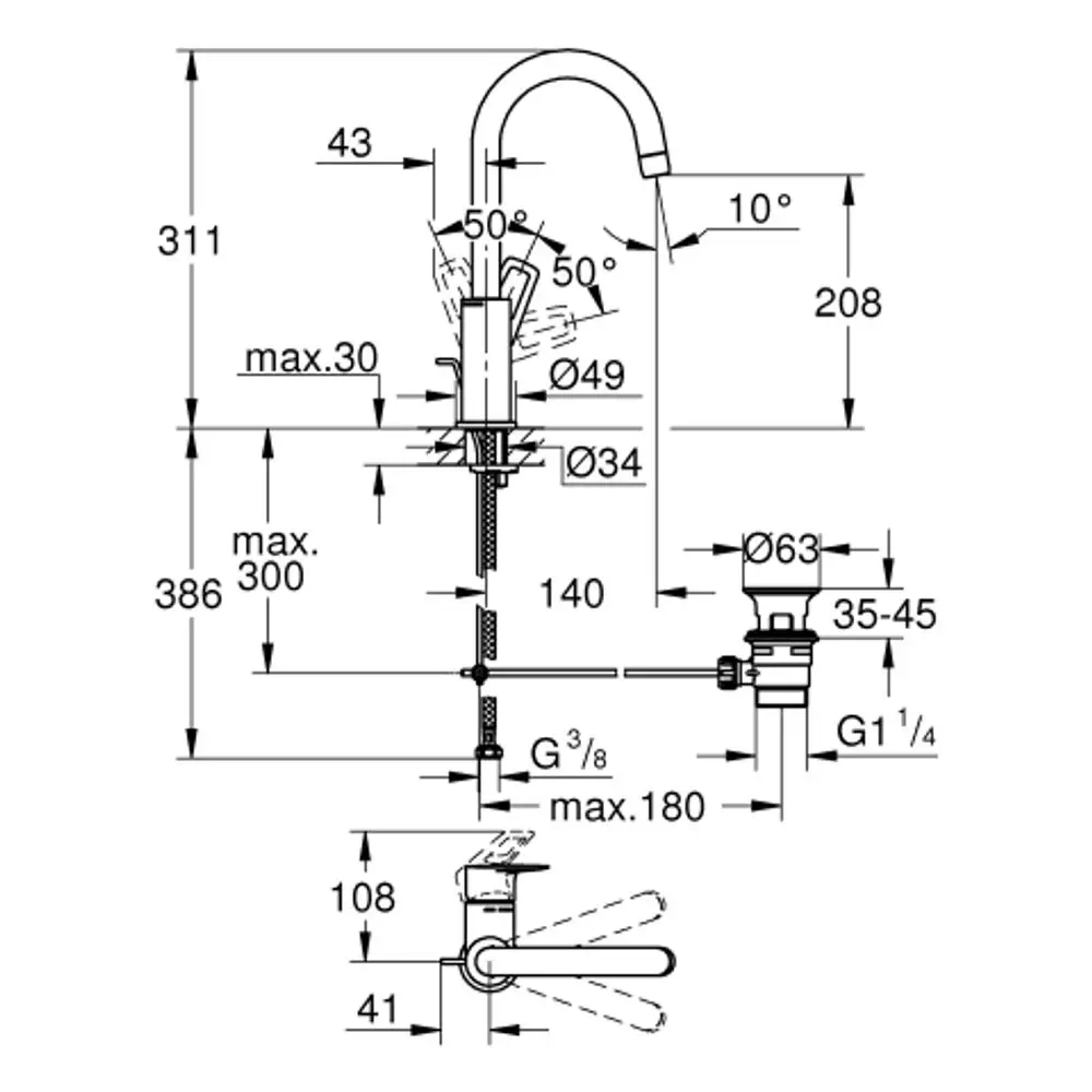 Grohe-Waschtischbatterie mit einer hohen Auslaufhöhe und einem seitlichen Hebel für die Wassersteuerung. Diagramm zeigt Maße und Montageanleitung.