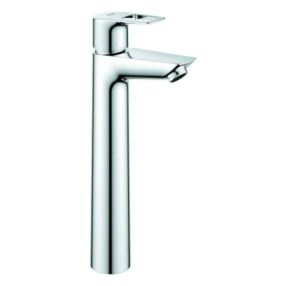 GROHE-Waschtischbatterie mit glattem chromfarbigen Körper und seitlichem Bedienhebel, konzipiert für die Montage an Waschbecken.