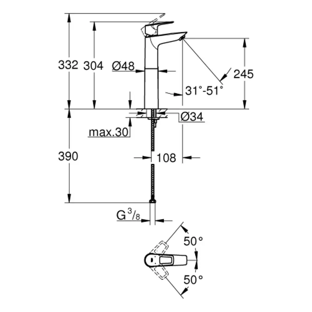 GROHE Waschtischarmatur mit glattem Körper in Chrom, schematische Darstellung mit Maßangaben und Bewegungsspielraum angedeutet.