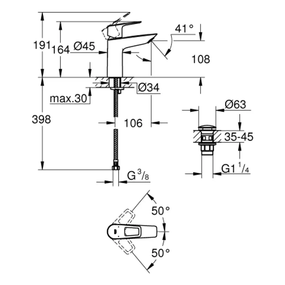 Chromfarbene Armatur von Grohe mit klaren Abmessungen und einem PushOpen Mechanismus. Technische Skizze zeigt Installation und Dimensionen der Ablauffunktion.