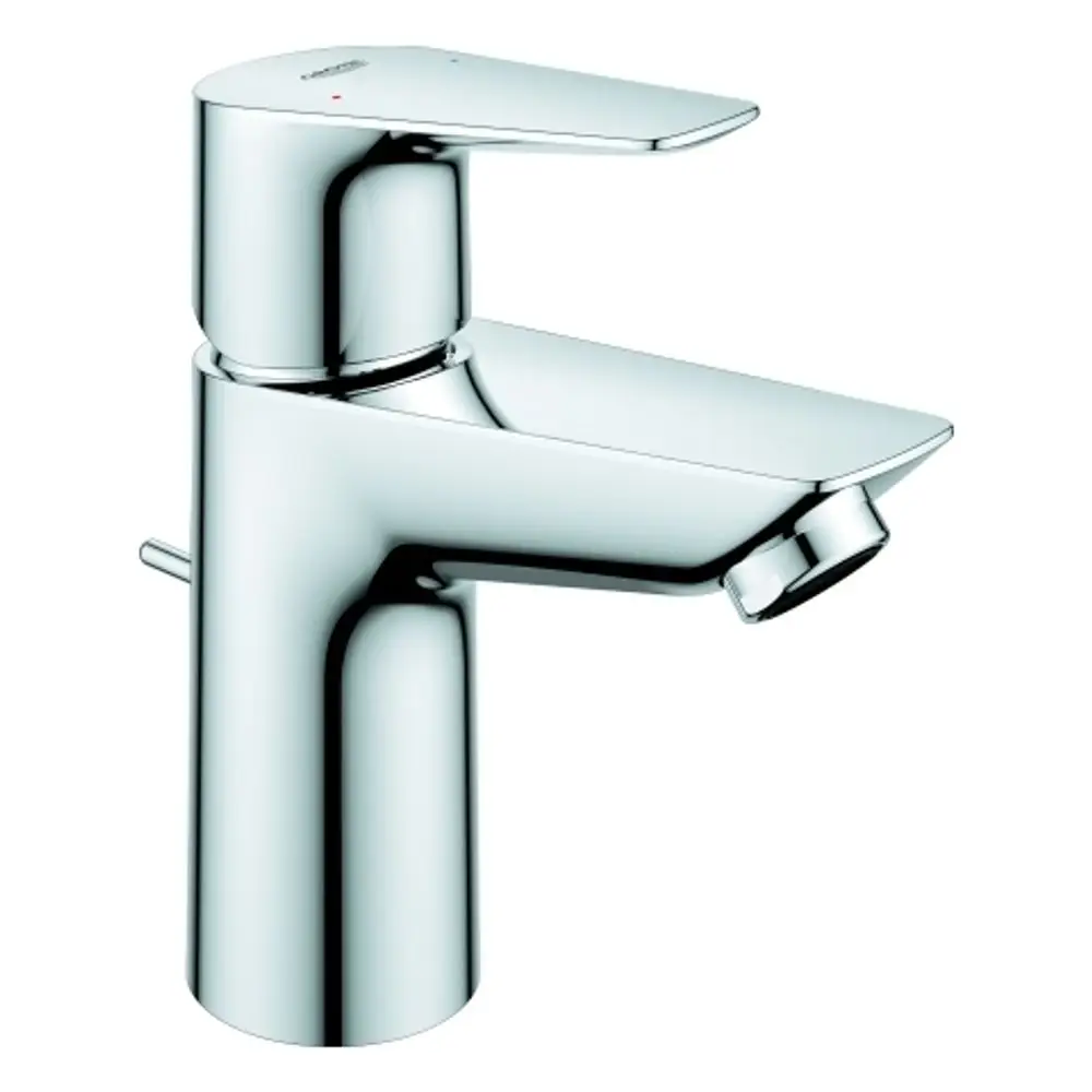 Chromfarbene Mischbatterie von Grohe mit flachem Auslauf und zwei Temperaturreglern. Eignet sich für moderne Badezimmergestaltung.