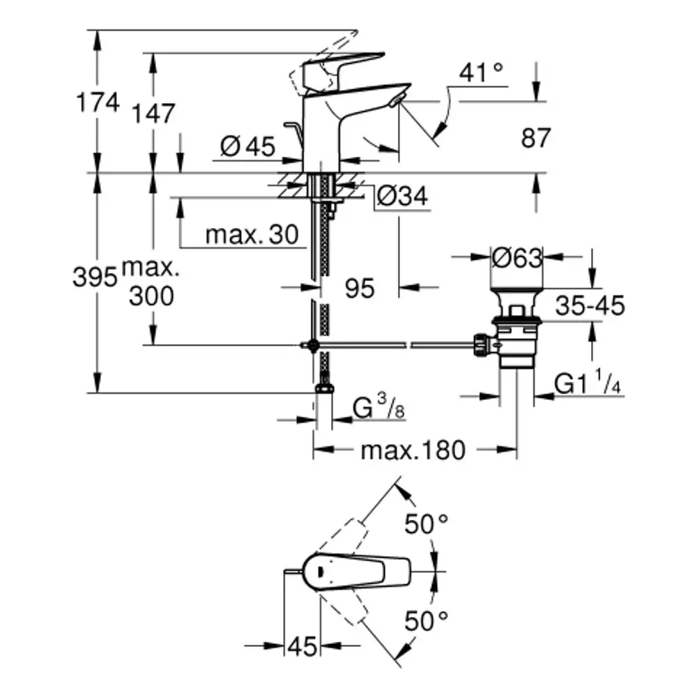 Grohe Armatur mit verschiedenen Maßangaben, einschließlich Höhe und Durchmesser, sowie Anschlussdetails für Wasserleitungen, gezeigt aus seitlicher und oberer Perspektive.
