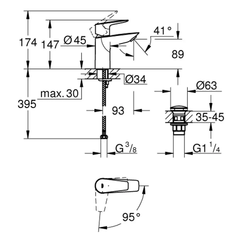 Grohe Armatur mit Auslauf, Side-Lever und technischen Abmessungen. Diagramm zeigt Installationselemente und Anschlussgrößen. Schaltwinkel und Maße sind angegeben.