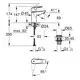 Grohe Armatur mit Auslauf, Side-Lever und technischen Abmessungen. Diagramm zeigt Installationselemente und Anschlussgrößen. Schaltwinkel und Maße sind angegeben.