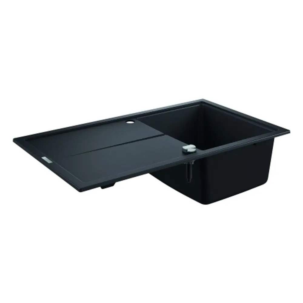 GROHE Kompositspüle in schwarz, mit einem Becken und einer Abdeckfläche auf der linken Seite. Die Spüle hat eine glatte Oberfläche und keine sichtbaren Armaturen.