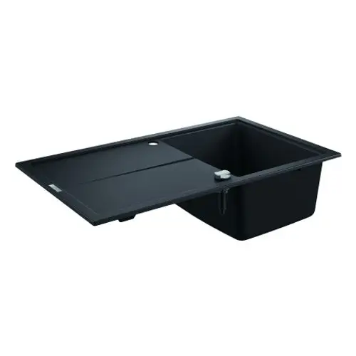 GROHE Kompositspüle in schwarz, mit einem Becken und einer Abdeckfläche auf der linken Seite. Die Spüle hat eine glatte Oberfläche und keine sichtbaren Armaturen.
