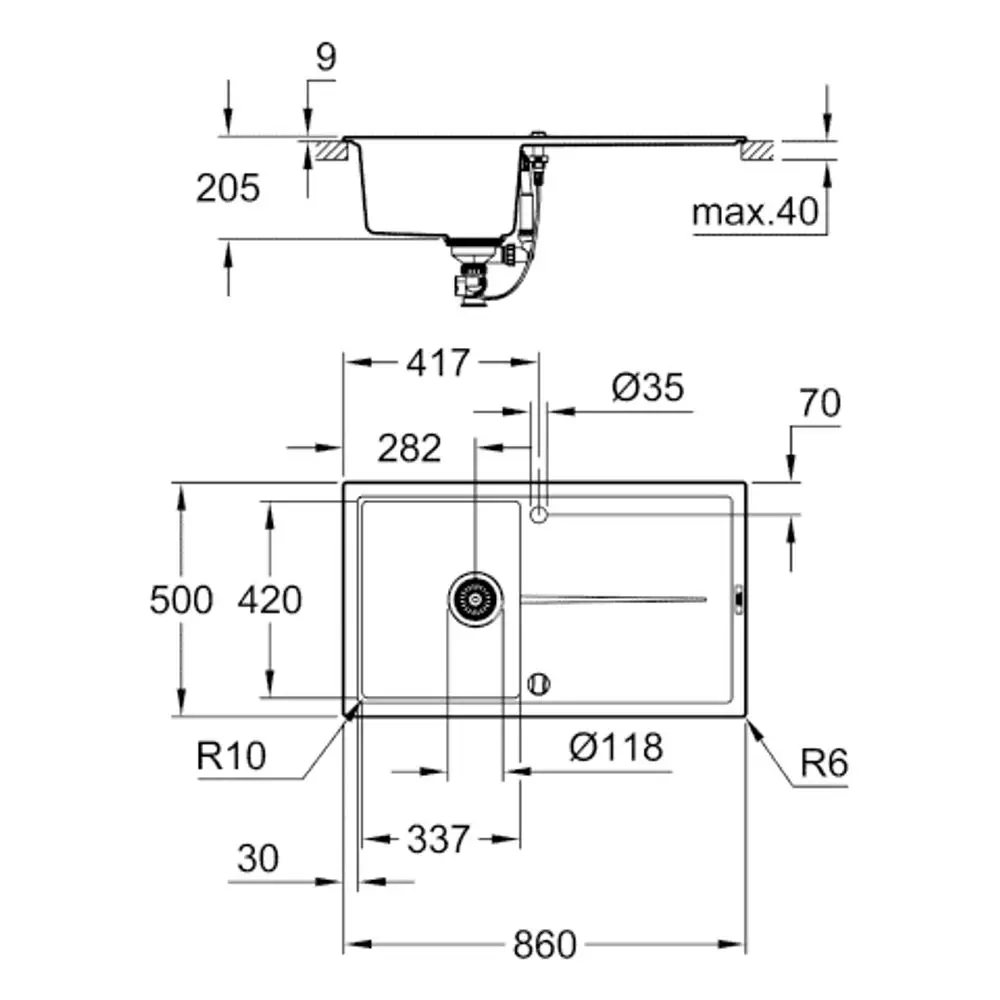 Schwarz-granite GROHE Kompositspüle mit Einbautiefe, einem Becken und verschiedenen Abmessungen, dargestellt in einer technischen Zeichnung mit Maßangaben.