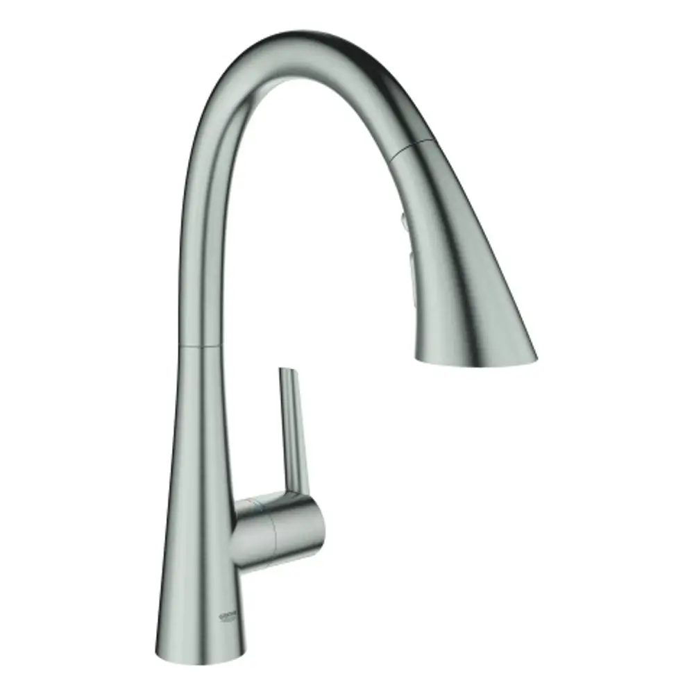 Grohe Küchenarmatur mit hohem, geschwungenem Auslauf und einem Hebel. Der Auslauf hat eine verstellbare Wasserstrahlfunktion. Oberfläche in Edelstahloptik.