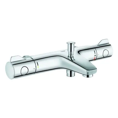 Chromfarbener Wasserhahn von Grohe mit zwei Bedienhebeln und Temperaturanzeige. Das Produkt ist für die Badezimmermontage konzipiert und hat eine moderne Formgebung.
