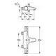 Grohe-Armatur mit zwei Anschlüssen, schematisches Diagramm mit Maßen und technischen Details. Abbildung zeigt die Front- und Seitenansicht der Wannenbatterie.