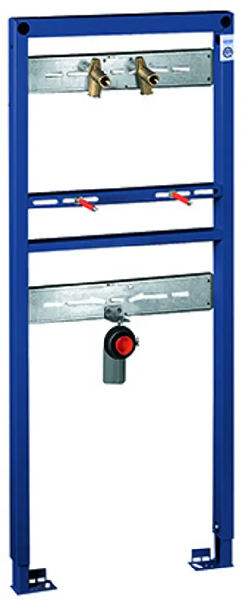 Grohe Waschtisch-Element in blauer Farbe, bestehend aus einem Rahmen mit zwei Anschlüssen und einem Ablauf, zur Montage einer Wandbatterie.