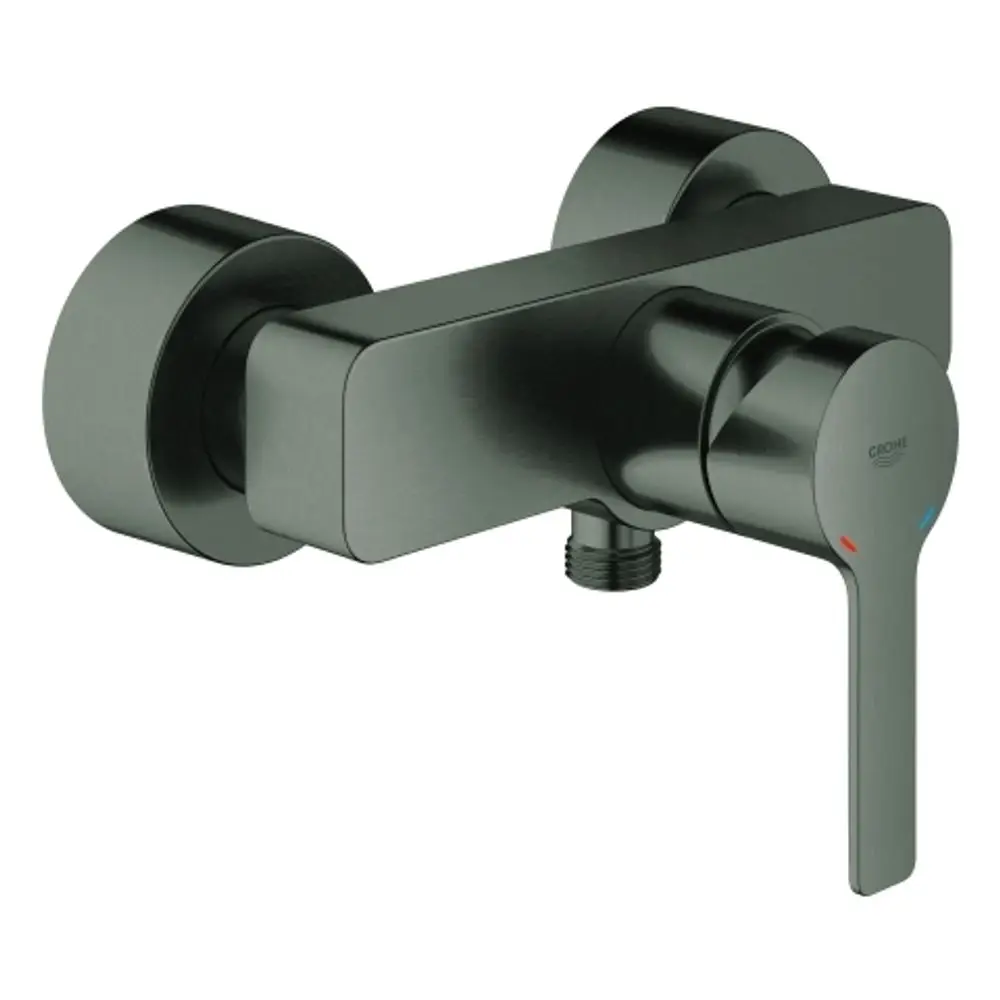 Wandmontierte Grohe-Brausebatterie in gebürstetem Hard Graphite mit einem Hebel zur Wasserregulierung und zwei runden Wandanschlüssen.