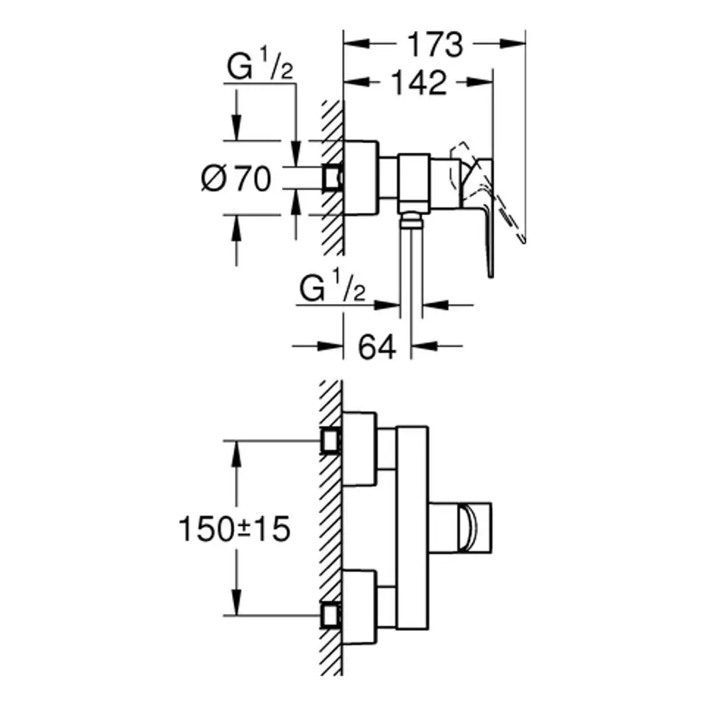 GROHE Brausebatterie in der Wandmontage mit verniedrigtem Design, sichtbare Anschlüsse und Maßangaben. Detailzeichnung zeigt verschiedene Perspektiven und Abmessungen.