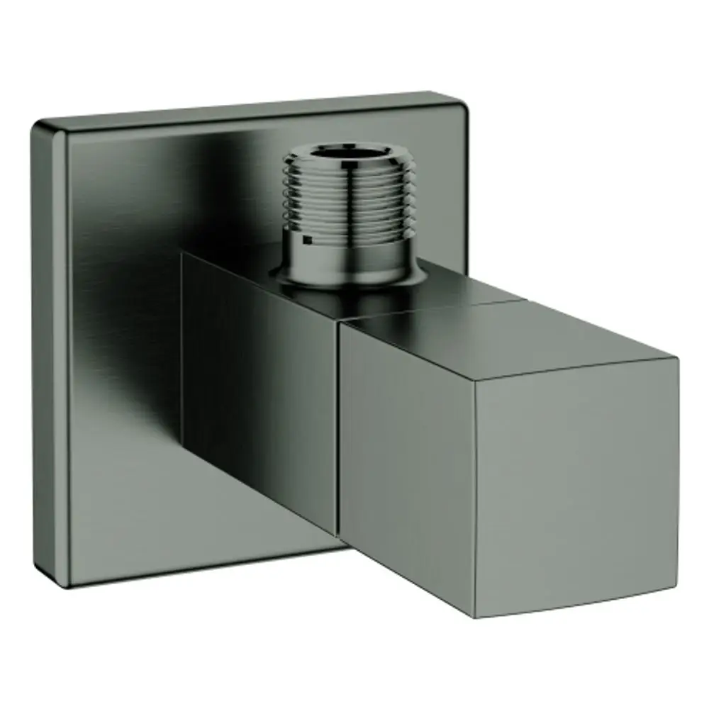 GROHE Eckventil mit quadratischer Wandplatte und einem Anschluss. Die Oberfläche ist in einem gebürsteten, matten Grauton gehalten.