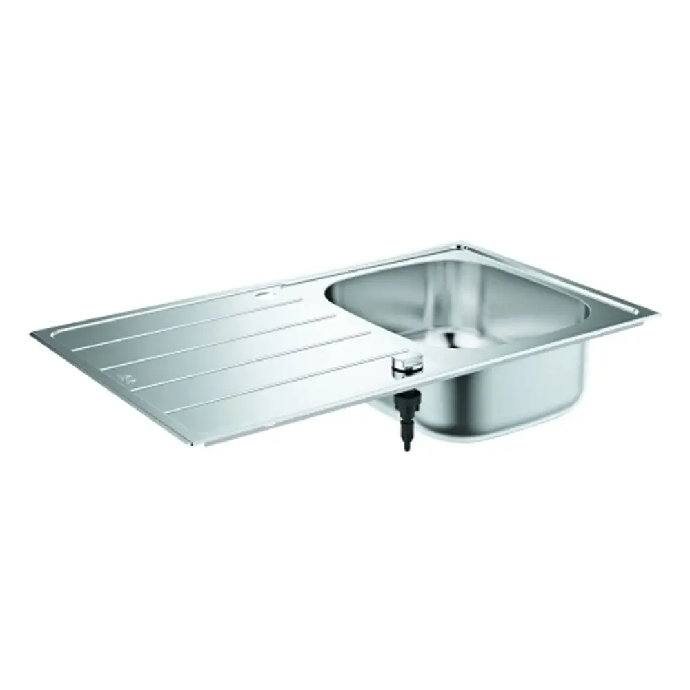 Edelstahlspüle mit einem Becken und Abtropffläche, gefertigt von Grohe. Die Spüle ist in einer modernen, funktionalen Optik gehalten.