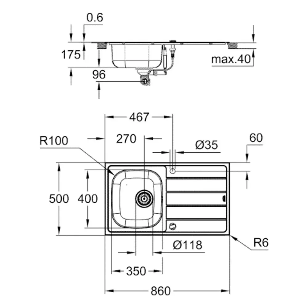 GROHE Edelstahlspüle mit einem Becken und integrierter Abtropffläche, skizzierte Maße und Anschlussdetails für die Installation.