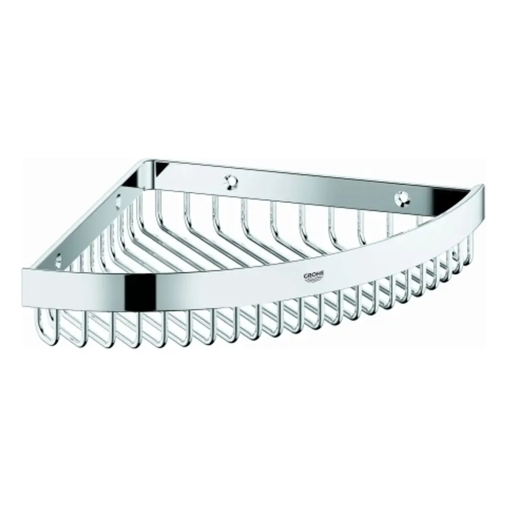 Eckmontierter Ablagekorb aus Metall in chromeoptik von Grohe, mit mehreren vertikalen Stäben zur Aufbewahrung, angepasst an eine wandnahe Montage.