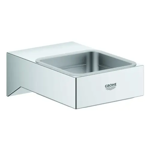 Wandmontierter Spender aus Chrom mit quadratischem Fach, geeignet für Seife oder Gläser, von der Marke Grohe.