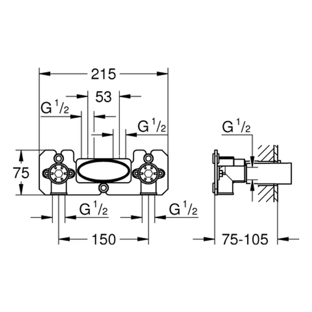 Technische Zeichnung eines Grohe Up-Einbaukörpers mit Abmessungen und Anschlussdetails, dargestellt in einem schematischen Diagramm.