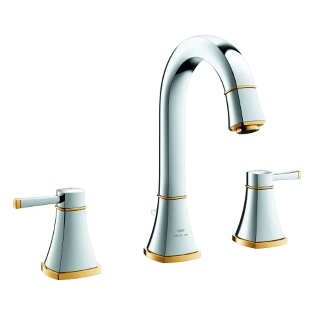 GROHE Armatur mit hohem Auslauf und zwei Hebelmischern in Chrom und Gold, ideal für die Montage an einem Waschbecken oder in der Küche.