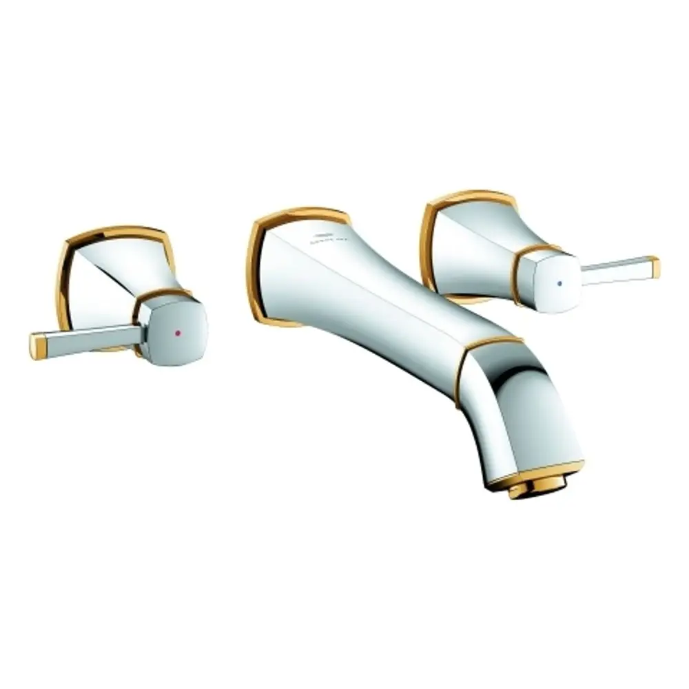 Wandmontierte Grohe Armatur mit zwei Griffen und einem langen Auslauf. Oberflächen in Chrom- und Goldfinish.