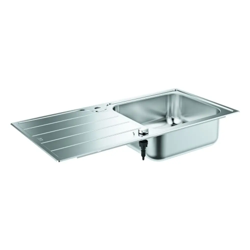 Edelstahlspüle von Grohe mit einem Becken und seitlicher Abtropffläche. Die Spüle hat eine glänzende Oberfläche und einen Auslass für Wasser.