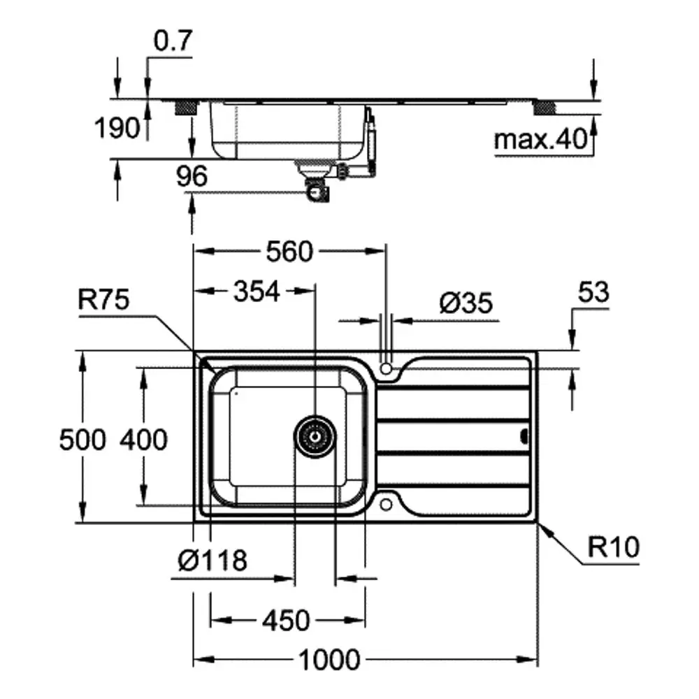 Grohe Edelstahlspüle mit einsamem Becken und Abtropffläche, abgebildet in Draufsicht mit detaillierten Maßen und Anschlussöffnungen.
