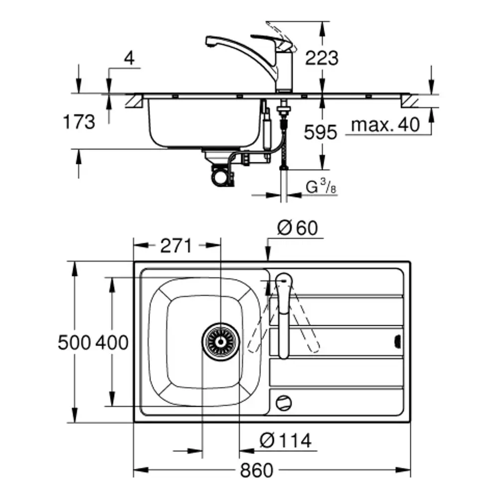 Grohe Spüle mit einem Becken, einer Armatur und seitlicher Abtropffläche, dargestellt in technischen Zeichnungen mit Maßangaben und Montageskizzen.
