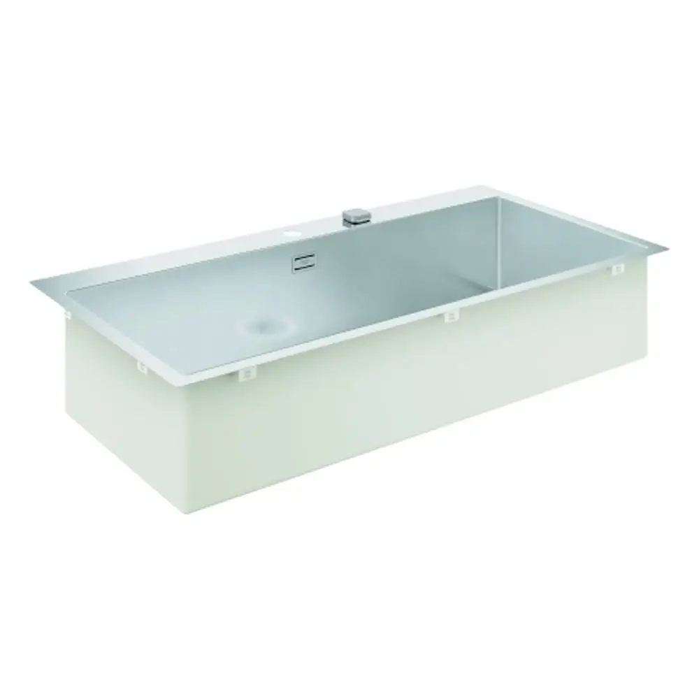 Edelstahlspüle von Grohe mit rechteckiger Form und flachem Rand, mit einem einzelnen Becken und einer Abflussöffnung im Inneren.