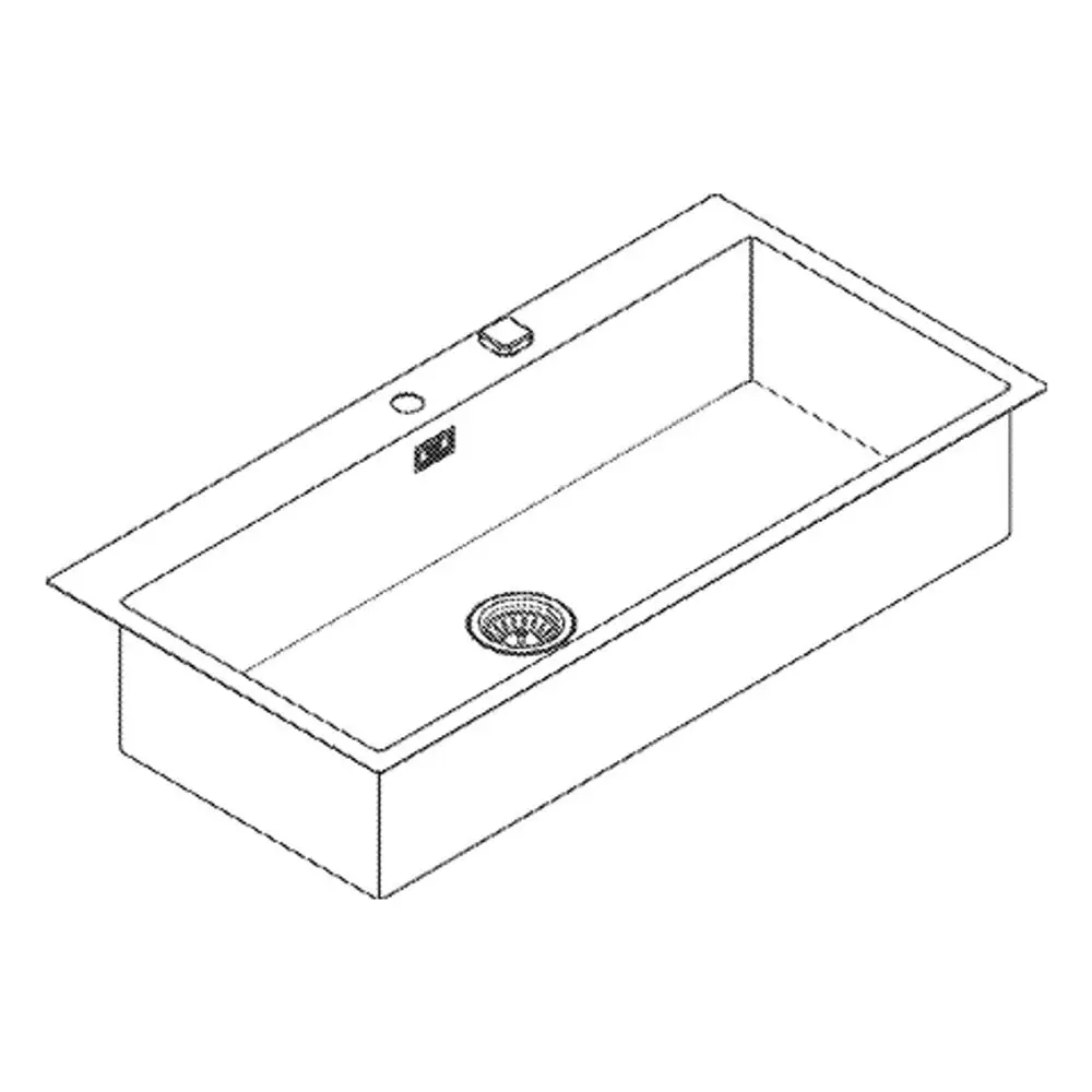 Edelstahlspüle von Grohe mit einer rechteckigen Form und einem Becken, ausgestattet mit Abfluss und Wasserhahnbohrung, in einem neutralen Design.