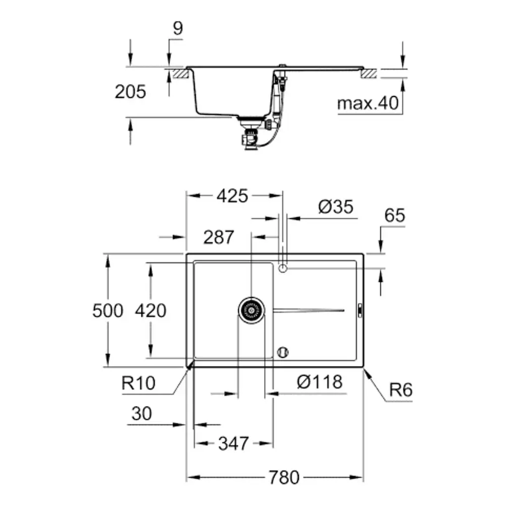 Grohe Spüle mit einem Becken, rechteckiger Form. Technische Zeichnung zeigt Maße, Rohre und Abflussöffnungen, geeignet für Einbau.