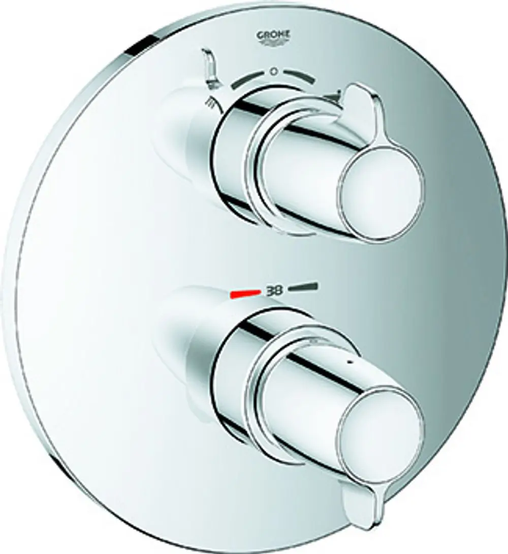 Verchromter Mischbatterie für Wanneninstallation von Grohe mit zwei Bedienelementen zur Temperatur- und Wassermengenregulierung.