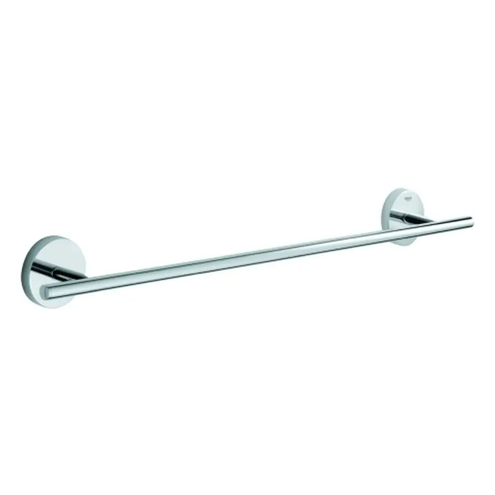 Wandmontierter Badetuchhalter aus verchromtem Metall von Grohe, in gerader Form mit runden Wandhalterungen und schlichtem Design.