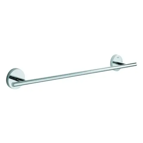 Chromfarbener Handtuchhalter in minimalistischer Ausführung, montiert an zwei runden Wandplatten.