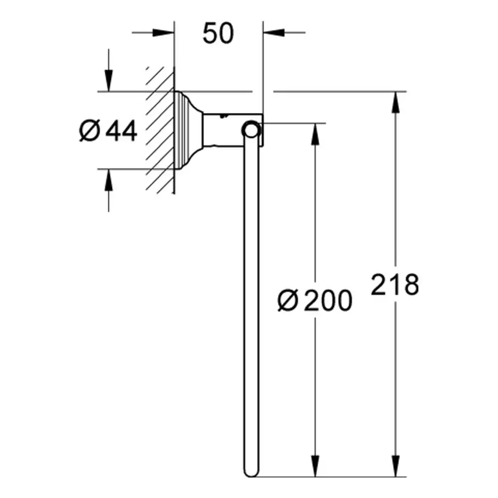 GROHE Handtuchring aus chrom, zeigt eine seitliche Ansicht mit diversen Maßen und Durchmessern, geeignet für Wandmontage.