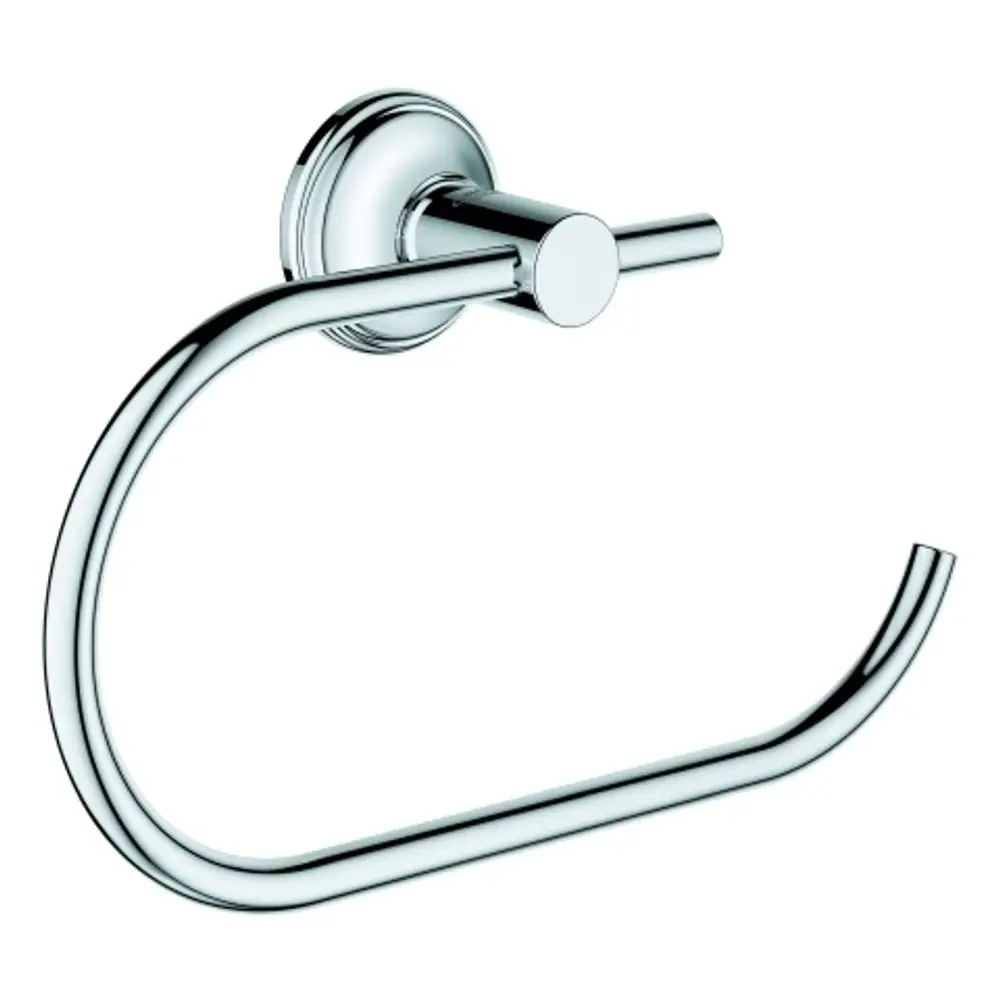 Chromfarbener Papierhalter von Grohe mit runder Wandhalterung und geschwungener Halterung für Toilettenpapier.