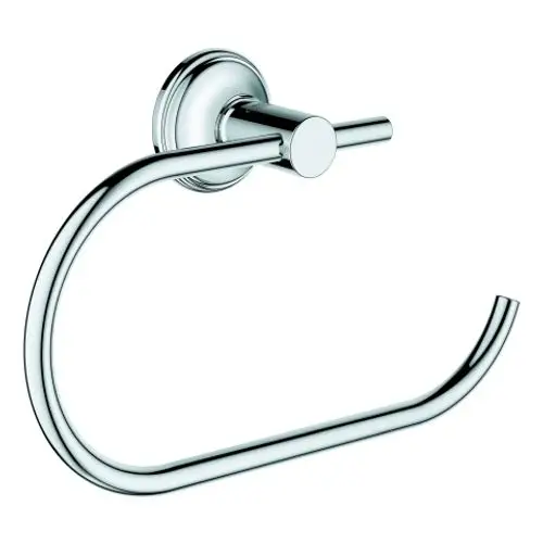 Chromfarbener Papierhalter von Grohe mit runder Wandhalterung und geschwungener Halterung für Toilettenpapier.